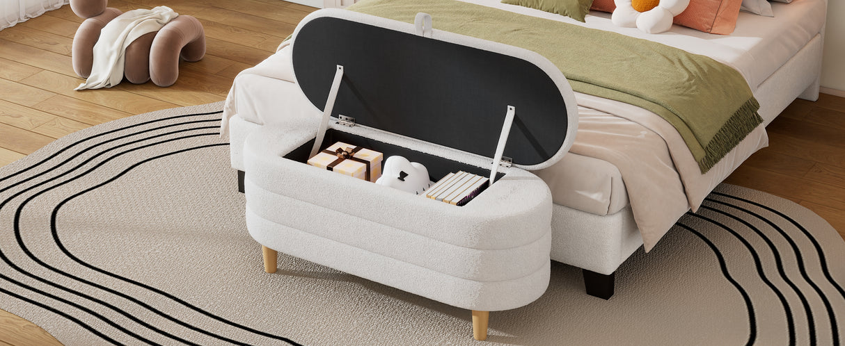 Elegant Upholstered Sherpa Fabric Storage Ottoman with Wood Legs, Storage Bench for Bedroom, Living Room, White - V.I.P Digital Presence