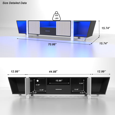 TV console with storage cabinet, dual flat LED TV stand with remote control, multi-mode light with power cord, black - V.I.P Digital Presence