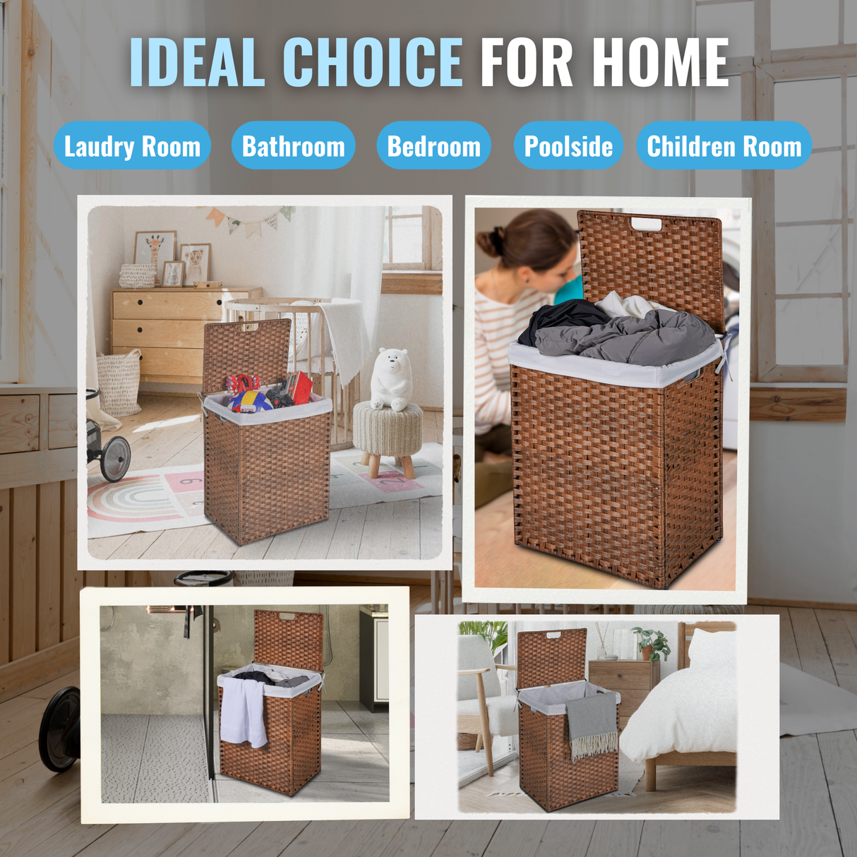 Laundry Hamper With Lid PE Rattan Powder Coating Frame Clothes Hampers with 02 Removable Bags, 100L, Brown Color - V.I.P Digital Presence