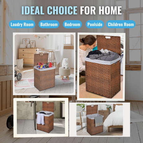 Laundry Hamper With Lid PE Rattan Powder Coating Frame Clothes Hampers with 02 Removable Bags, 100L, Brown Color - V.I.P Digital Presence