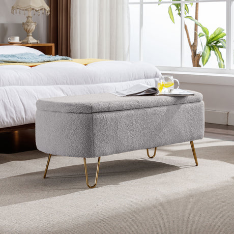 Grey Storage Ottoman Bench for End of Bed Gold Legs Modern Grey Faux Fur Entryway Bench - V.I.P Digital Presence