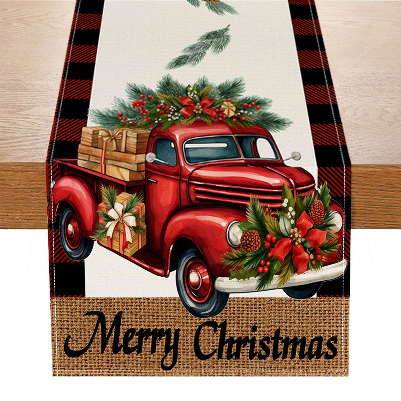 Red car printed table flag Christmas red black checkered linen living room decoration tablecloth - V.I.P Digital Presence
