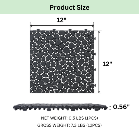 12 x 12 inch black interlocking deck tiles, plastic waterproofing, pebble pattern, pack of 12 - V.I.P Digital Presence
