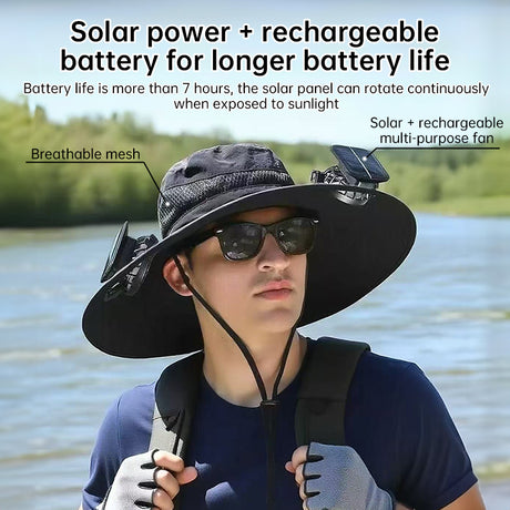 Solar fan hat: wide - brim bucket hat with 2 solar fans, men’s summer cap for outdoor fishing, camping, hiking. - V.I.P Digital Presence