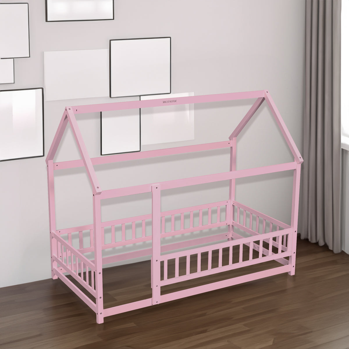 Twin Size Floor Wooden Bed with House Roof Frame, Fence Guardrails,Pink - V.I.P Digital Presence