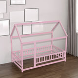 Twin Size Floor Wooden Bed with House Roof Frame, Fence Guardrails,Pink - V.I.P Digital Presence