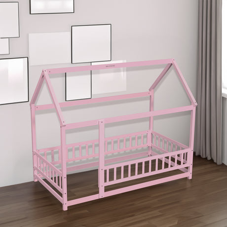 Twin Size Floor Wooden Bed with House Roof Frame, Fence Guardrails,Pink - V.I.P Digital Presence