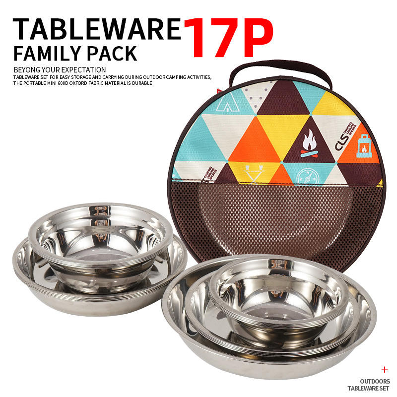 Plato de cena de acero inoxidable para exteriores, 17 piezas, vajilla para barbacoa de camping, plato de barbacoa portátil y autónomo, juego de olla para sopa y tazón. 