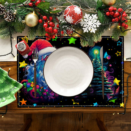 Christmas table mat with white linen starry sky and Santa Claus print - V.I.P Digital Presence