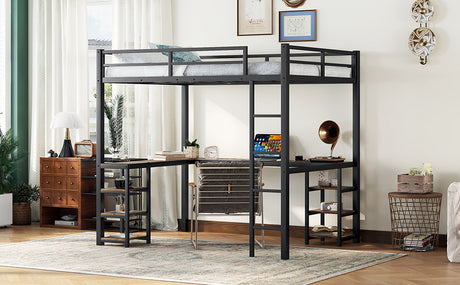 Full metal loft bed with desk and shelf, loft bed with ladder and guardrail, bedroom loft bed frame, black - V.I.P Digital Presence