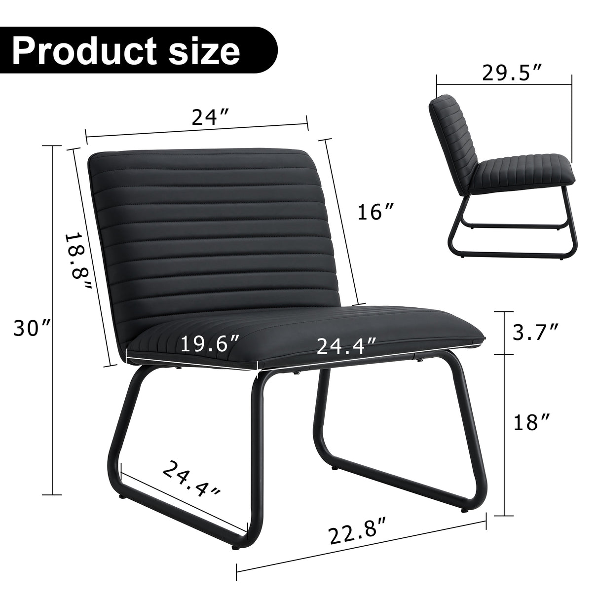 Black minimalist armless sofa chair with PU backrest paired with black metal legs
