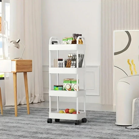 White rolling storage cart. Multifunctional, open shelves for books, ideal for kitchen & bedroom storage - V.I.P Digital Presence