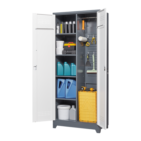 Metal storage cabinets, lockable cleaning tool cabinets, high broom tool organizers, and large storage cabinets in storage store - V.I.P Digital Presence