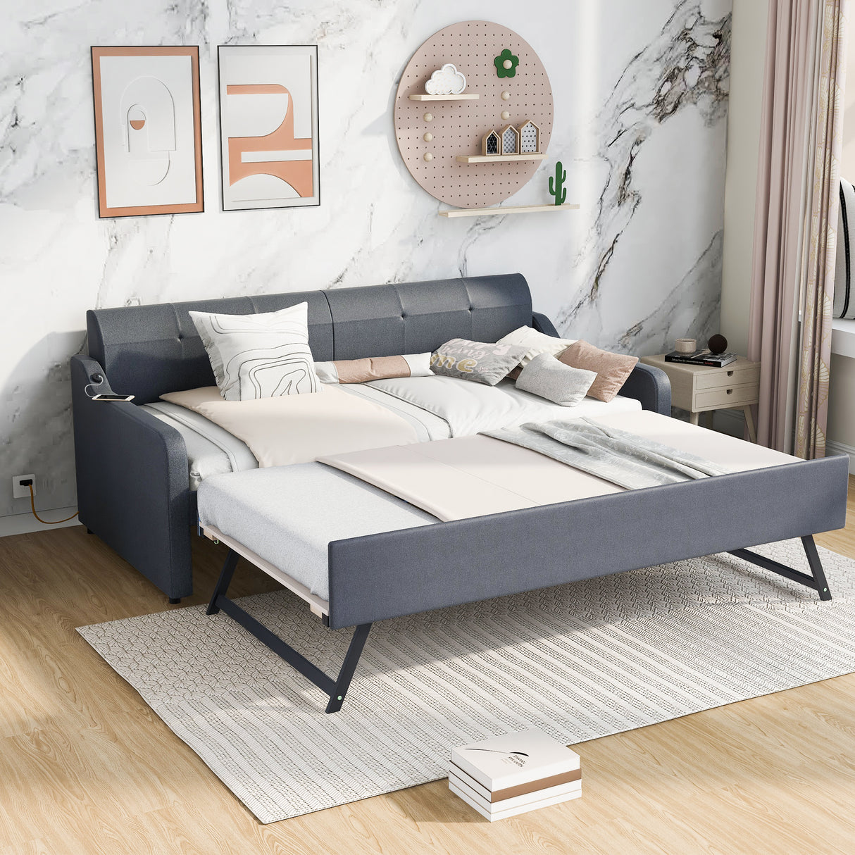 Twin Size Upholstery DayBed with Trundle and USB Charging Design Trundle can be flat or erected Gray - V.I.P Digital Presence