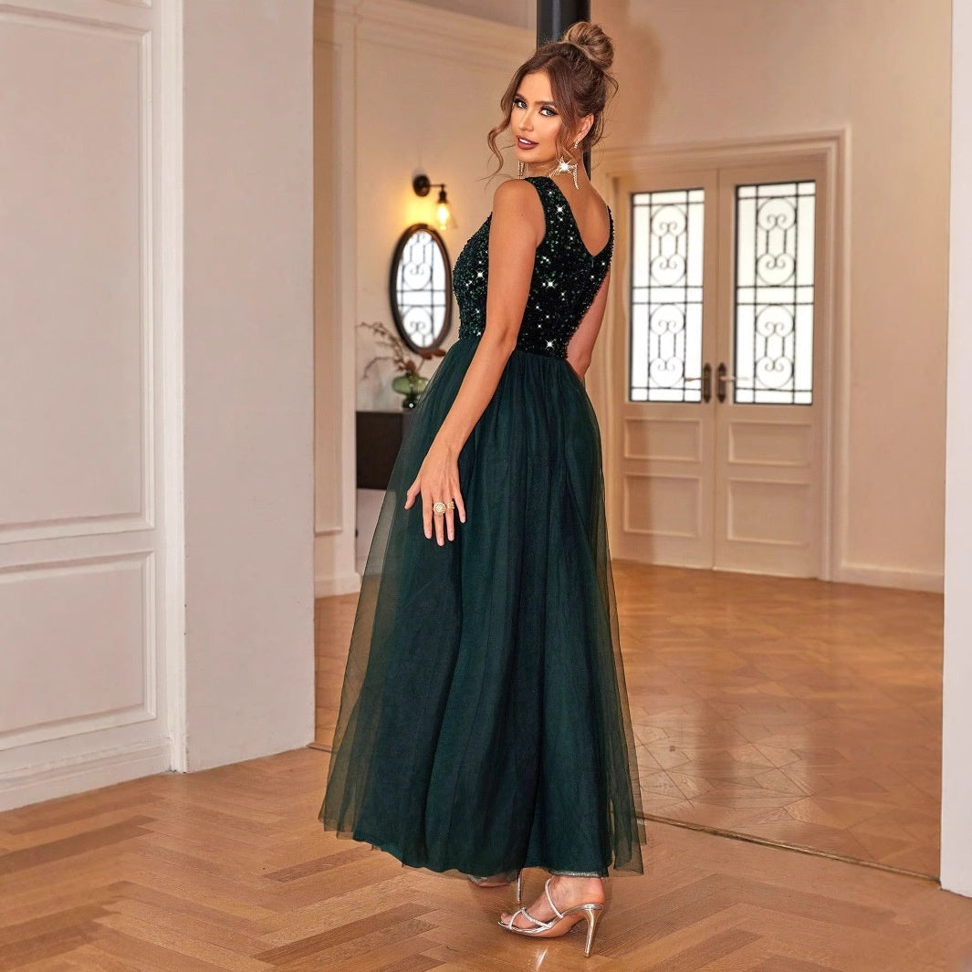 ElegantStyle Sexy Sleeveless Women's Shiny Mesh Splicing Swing Dress - V.I.P Digital Presence