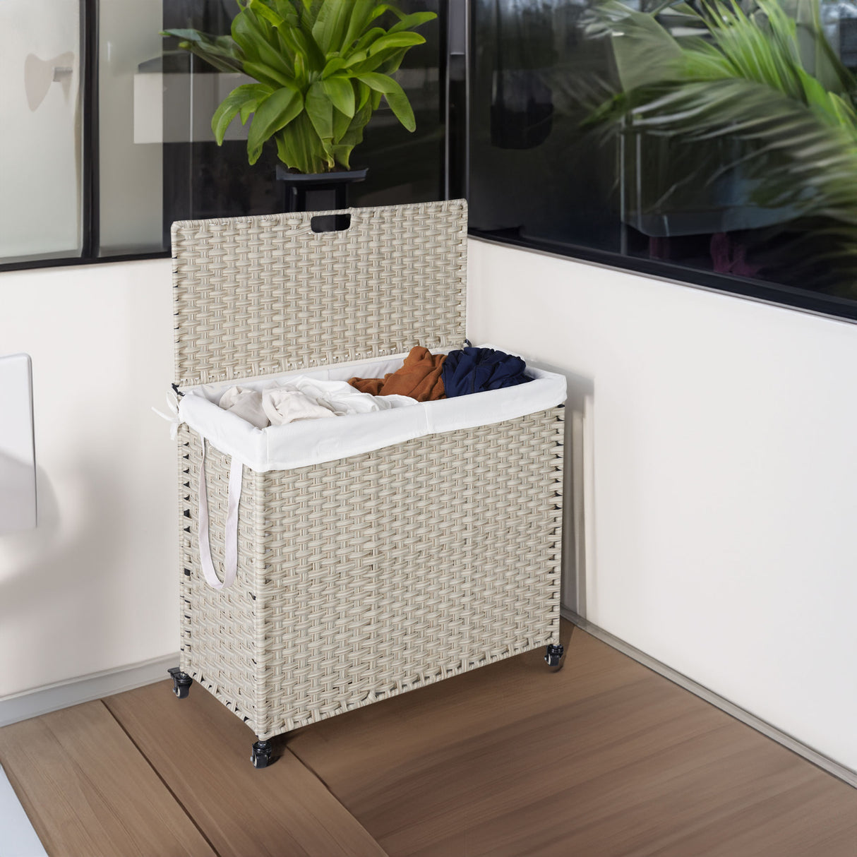 Laundry Hamper With Lid PE Rattan Powder Coating Frame Clothes Hampers with 02 Removable Bags, Wheels, 160L, Grey Color - V.I.P Digital Presence