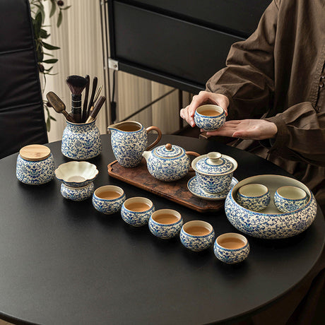 Kung Fu tea set blue and white lotus tea pot fair cup tea can ceramic lid bowl - V.I.P Digital Presence