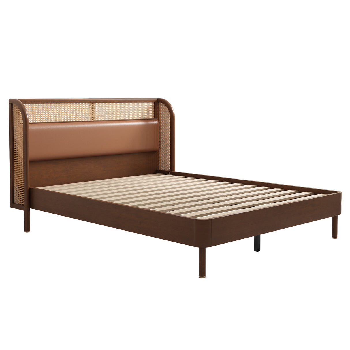 Modern Cannage Rattan Wood Platform Queen Bed Walnut