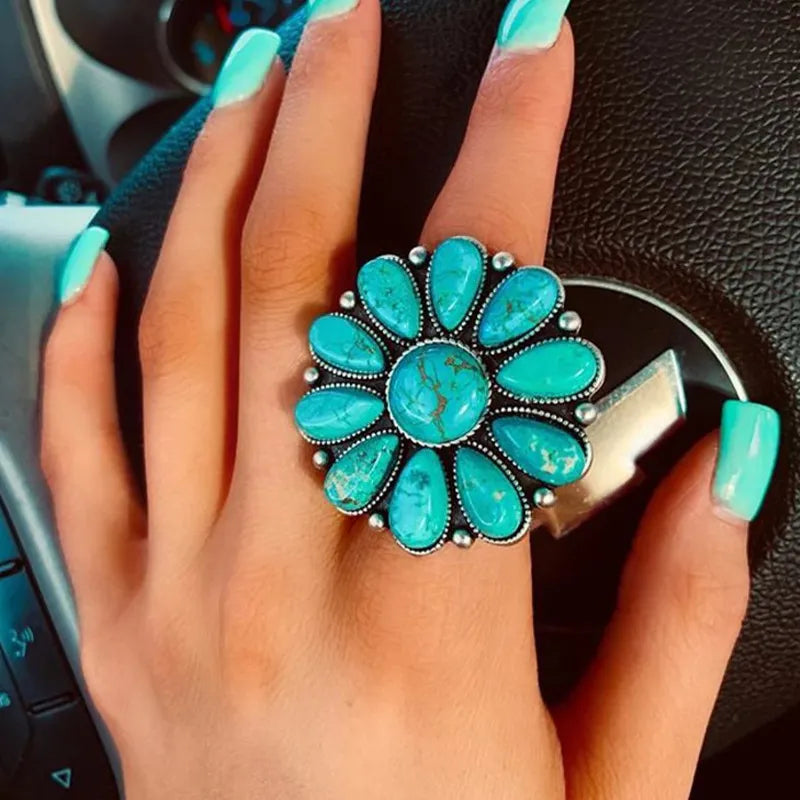 Artificial Turquoise Alloy Flower Ring - V.I.P Digital Presence