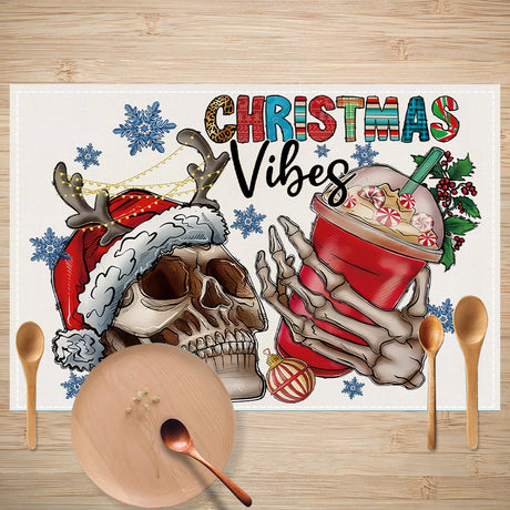 Skull Milk Tea Cup Printed Meal Mat Christmas Snowflake Letter Linen Table Mat Holiday Table Decoration Insulation Mat - V.I.P Digital Presence