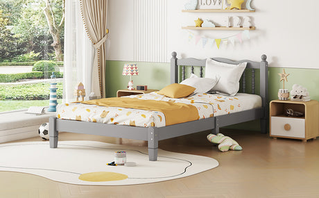 Twin Bed with Column-Decoration Headboard, with Bed Slats,Grey - V.I.P Digital Presence