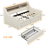 Twin Size Daybed with Storage Drawers, Upholstered Daybed with Charging Station and LED Lights, Beige - V.I.P Digital Presence