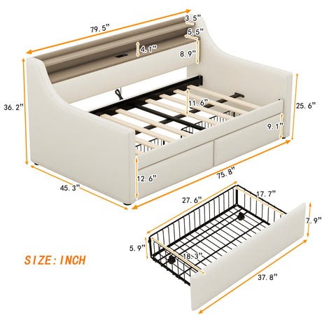 Twin Size Daybed with Storage Drawers, Upholstered Daybed with Charging Station and LED Lights, Beige - V.I.P Digital Presence