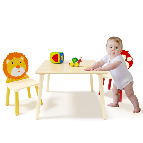 Kids Table and 2 Chairs Set 3 Pieces Toddler Table and Chair Set Wooden Activity Play Table Set (Lion&Monkey) - V.I.P Digital Presence