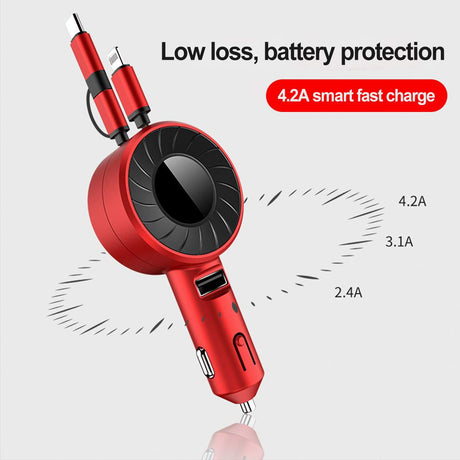 3-IN-1 Car Charger Mobile Phone  Adapter For IOS/Android/Type-C USB Retractable Charging Cable 4.2A Fast Charing For Truck - V.I.P Digital Presence