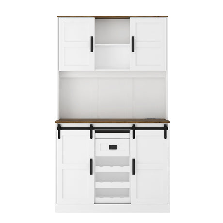 Farmhouse Bar Cabinet with Sliding Barn Door, Large Kitchen BuffetRustic Coffee Bar Sideboard Table,White - V.I.P Digital Presence