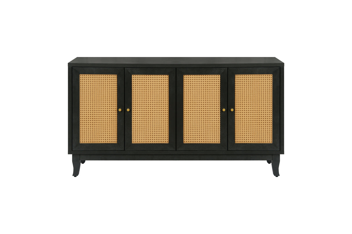 Handcrafted Premium Grain Panels Rattan Sideboard Buffer Cabinet Accent Storage Cabinet With 4 Rattan Doors BLACK - V.I.P Digital Presence
