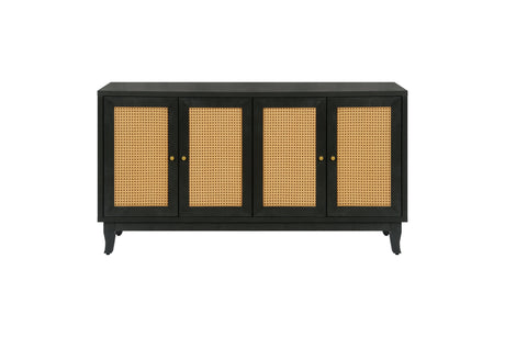 Handcrafted Premium Grain Panels Rattan Sideboard Buffer Cabinet Accent Storage Cabinet With 4 Rattan Doors BLACK - V.I.P Digital Presence