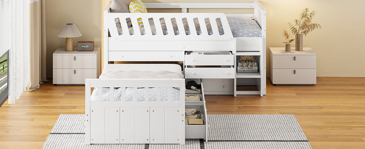 L-shaped Space-Saving Twin Loft and Twin Platform Bed with 7 Drawers and Full Guardrails(WHITE) - V.I.P Digital Presence