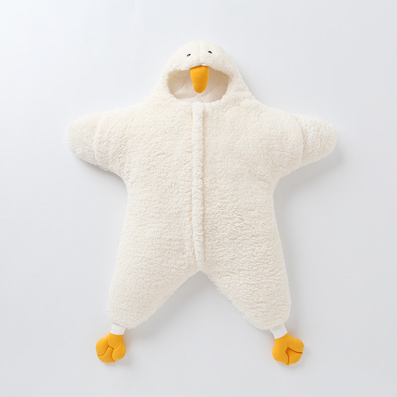 Patito amarillo bebé envuelto en vellón de cordero grueso para recién nacidos con saco de dormir antisobresaltos.