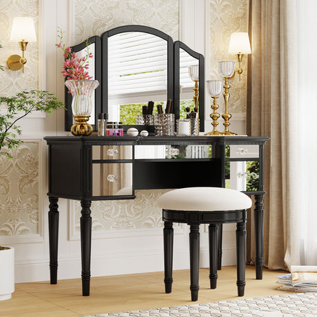 GO 43" Dressing Table Set with Mirrored Drawers and Stool, Tri-fold Mirror, Makeup Vanity Set for Bedroom, Black - V.I.P Digital Presence