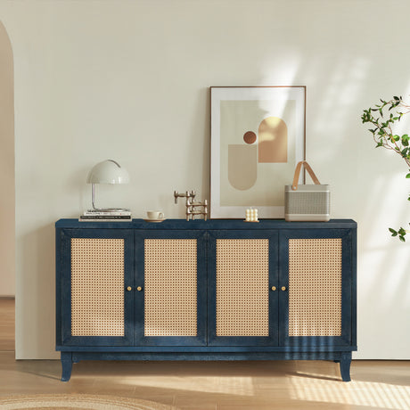 Handcrafted Premium Grain Panels Rattan Sideboard Buffer Cabinet Accent Storage Cabinet With 4 Rattan Doors BLUE - V.I.P Digital Presence