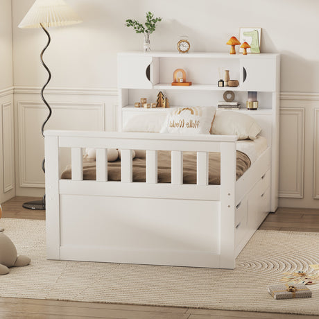 Twin Size Captain Platform Bed Frame with Storage Bookcases and Shelves,Four Drawers,White - V.I.P Digital Presence