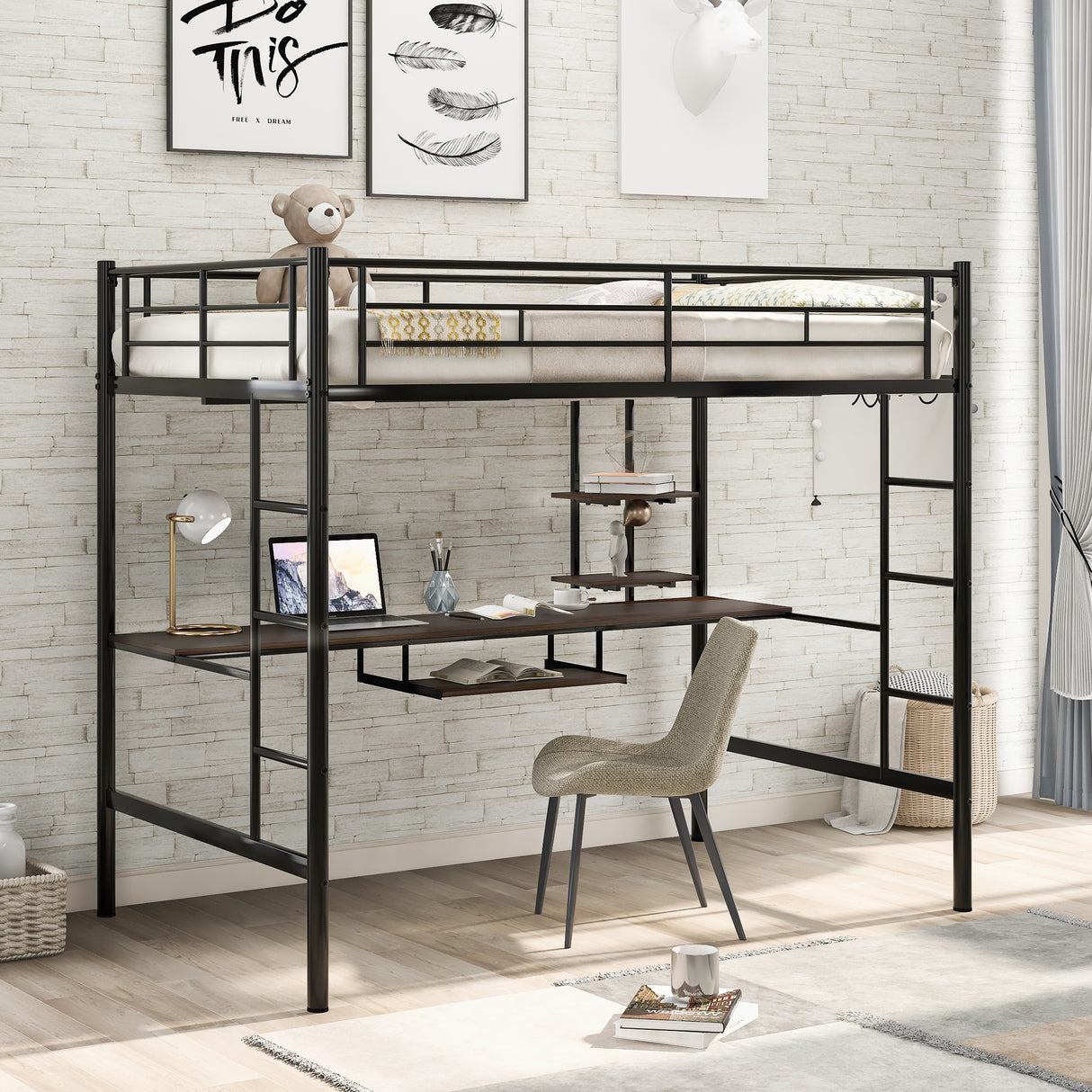 Loft Bed with Desk and Shelf   Space Saving Design Full Black
