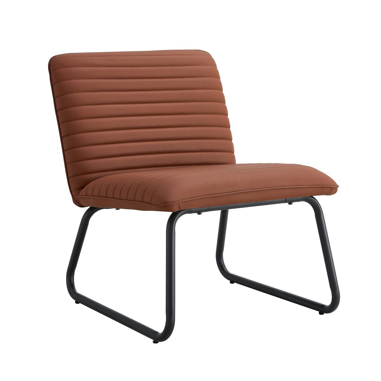 Brown minimalist armless sofa chair with PU backrest and black metal legs