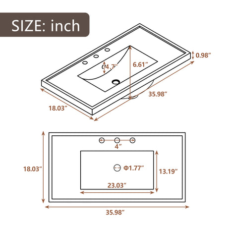 36" Single Bathroom Vanity Top with White Basin  3-Faucet Holes Ceramic  White - V.I.P Digital Presence