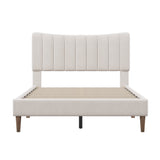 Upholstered Platform Bed Frame with Vertical Channel Tufted Headboard No Box Spring Needed  Full Cream