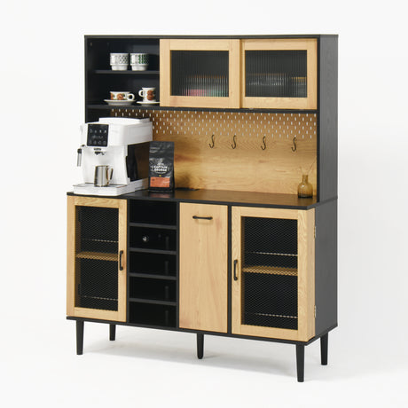 59 "H buffet side cabinet with storage door and power outlet, coffee bar cabinet with wine rack, black and natural colors - V.I.P Digital Presence