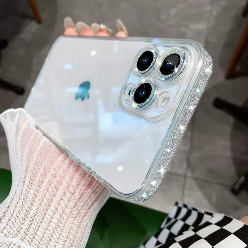 Sparkling pink border phone case transparent and suitable for Apple 14proMax creative mirror 13 glass protective case - V.I.P Digital Presence