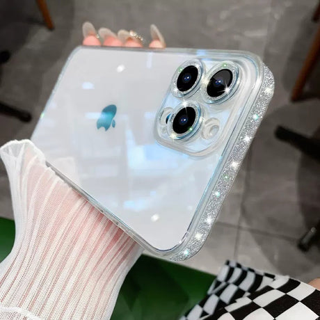 Sparkling pink border phone case transparent and suitable for Apple 14proMax creative mirror 13 glass protective case - V.I.P Digital Presence