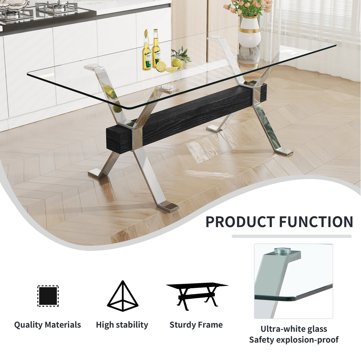 Dining table Modern tempered glass dining table Large modern office desk with silver plated metal legs and MDF crossbars - V.I.P Digital Presence