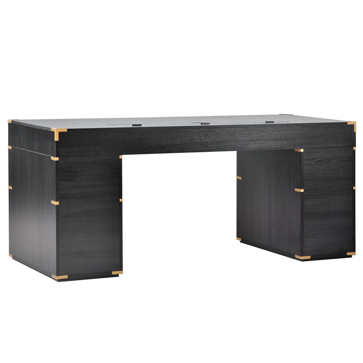 70 inch classic and traditional executive desk with metal trim, writing desk with 2 file drawers, USB ports, and sockets, black - V.I.P Digital Presence
