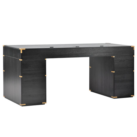 70 inch classic and traditional executive desk with metal trim, writing desk with 2 file drawers, USB ports, and sockets, black - V.I.P Digital Presence
