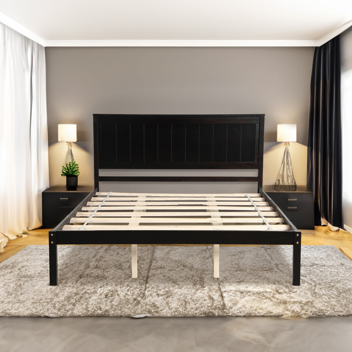 Platform Bed Frame with Headboard, Wood Slat Support  No Box Spring Needed  Queen Espresso