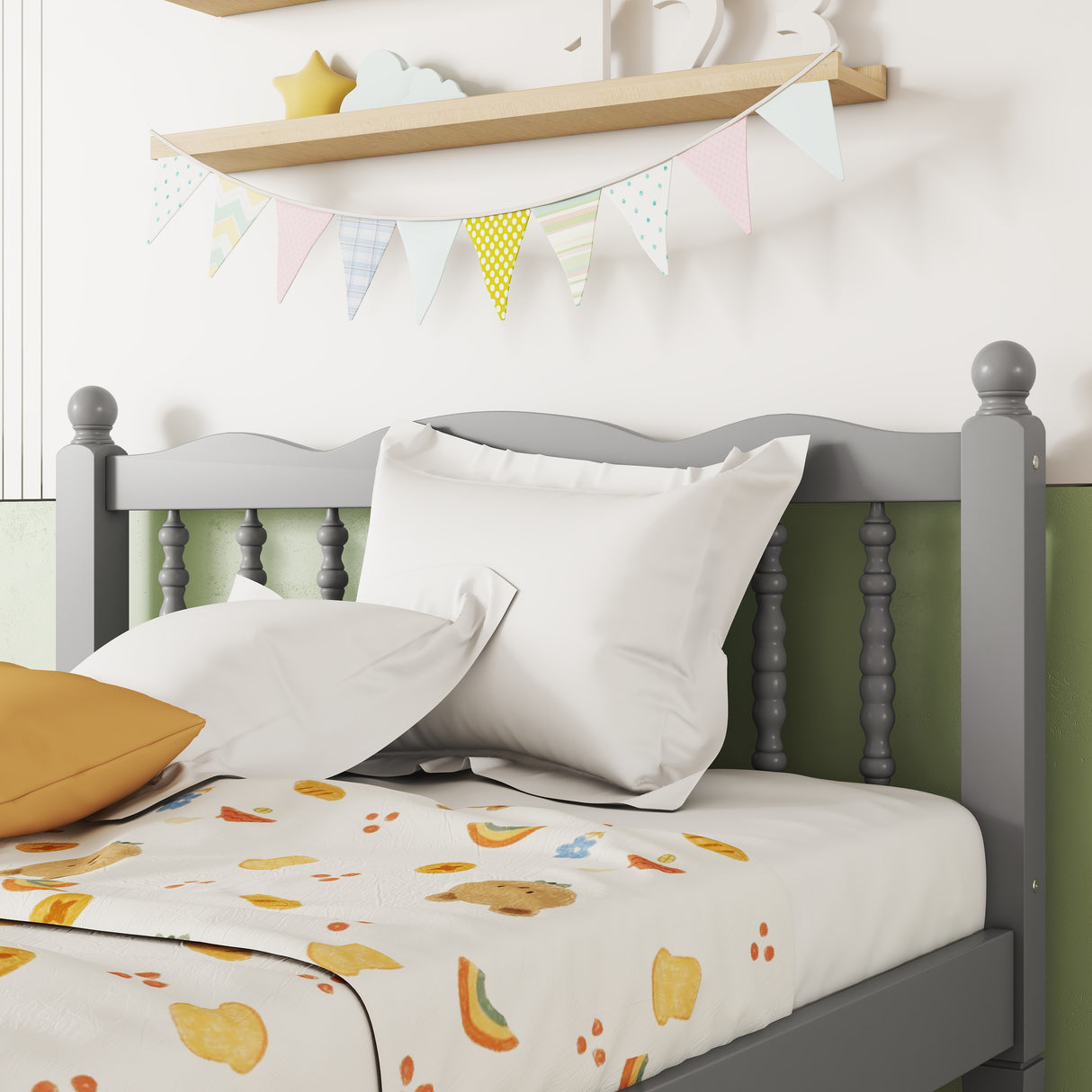 Twin Bed with Column-Decoration Headboard, with Bed Slats,Grey - V.I.P Digital Presence