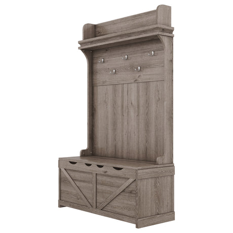 Hall tree with storage desk, entrance desk with drawers and 5 hooks, display rack,Oak - V.I.P Digital Presence